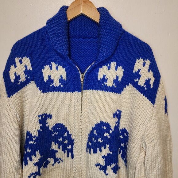 Vintage Thunderbird Sweater Wool Shawl Collar Cowichan Cardigan Sweater Full Zip - Picture 2 of 10